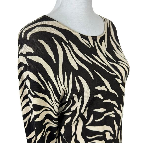 Pursuits Ltd Silk Blend Tan Brown Animal Print 3/4 Sleeve Thin Knit Sweater - Picture 5 of 8